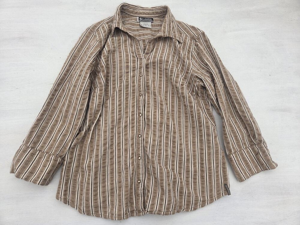 Columbia XCO Womens Size Large Pearl Snap Button Beige Long Sleeve Shirt